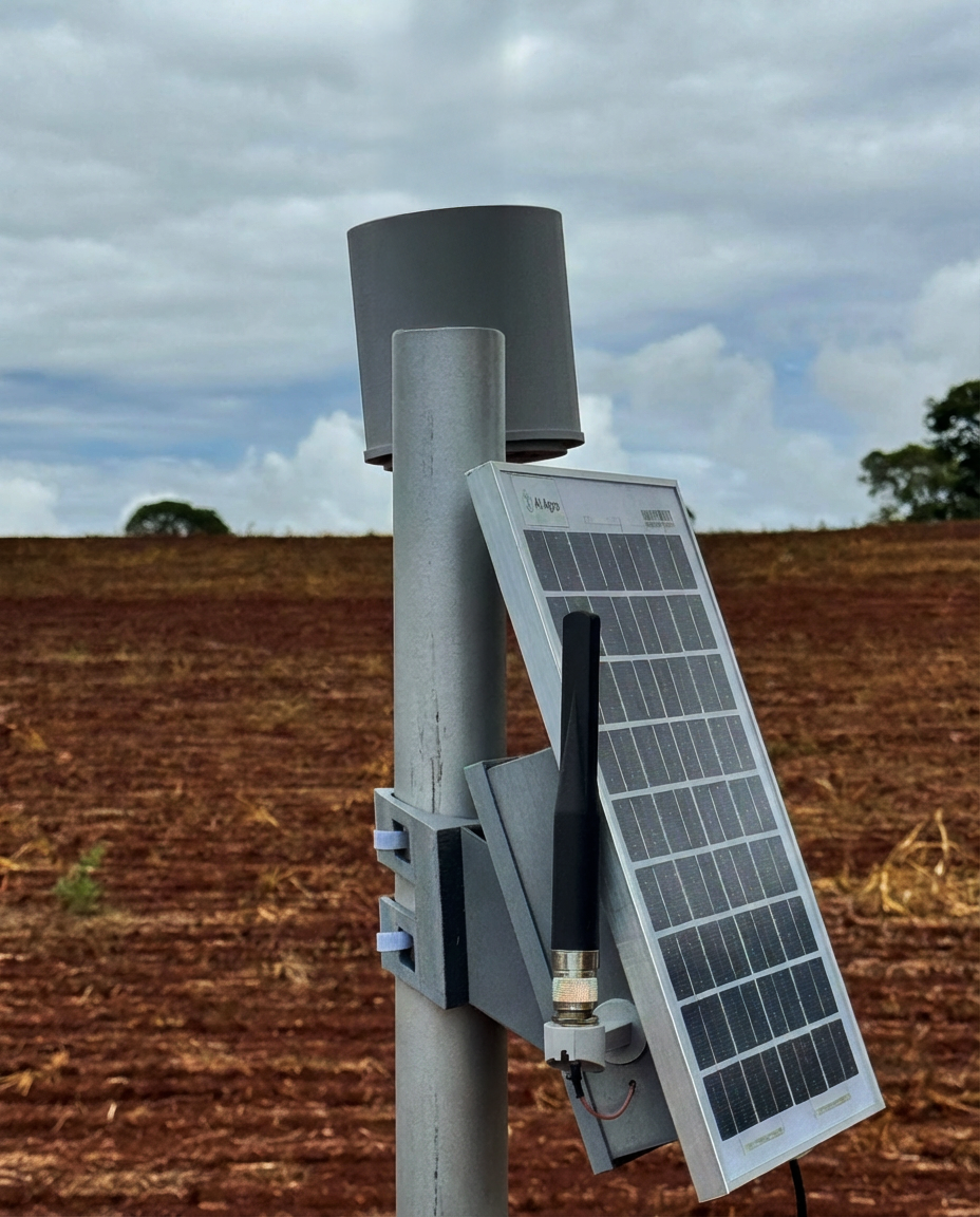 Análise de solo: à esquerda, laboratório com frascos, amostra de solo e laudo; à direita, sensor de solo em tempo real com painel solar, celular com alertas no WhatsApp e gráfico de tendência