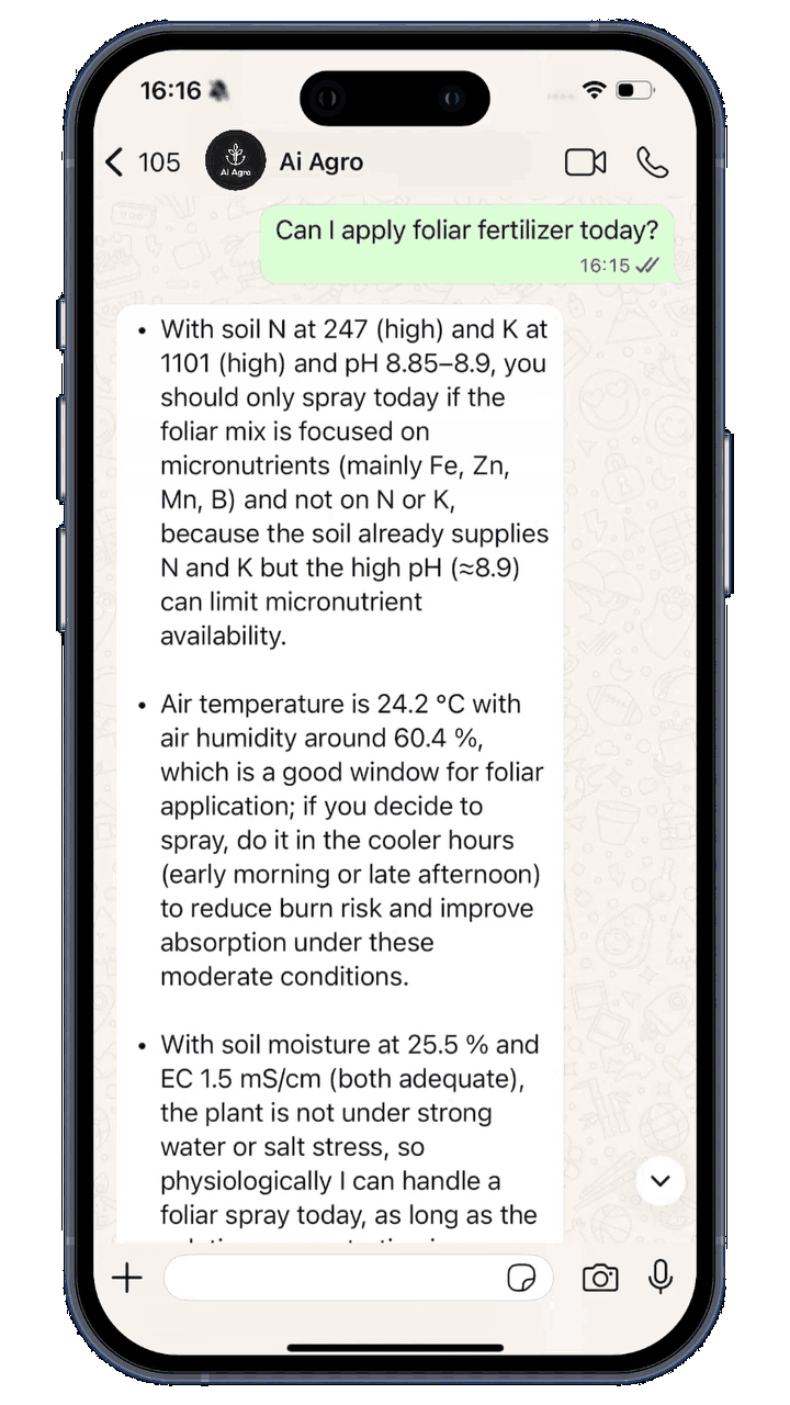 AI Agro WhatsApp demo showing monitoring data